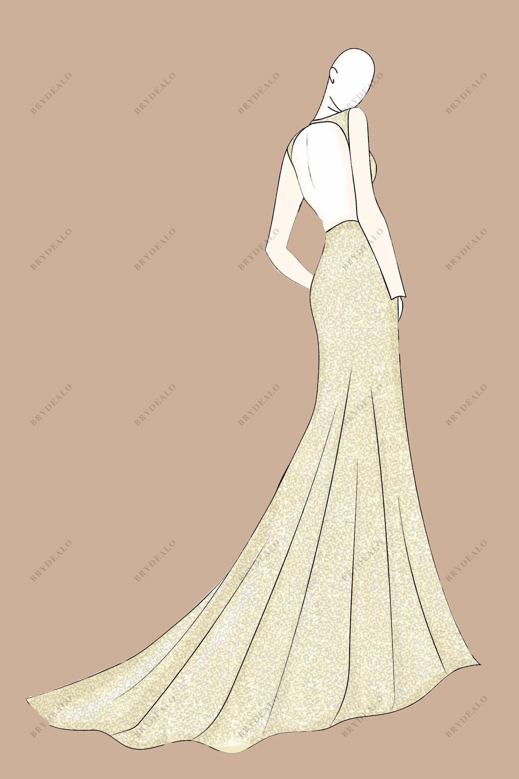 Hand-drawn Plunging V-neck Slit Mermaid Gold Prom Dress Design