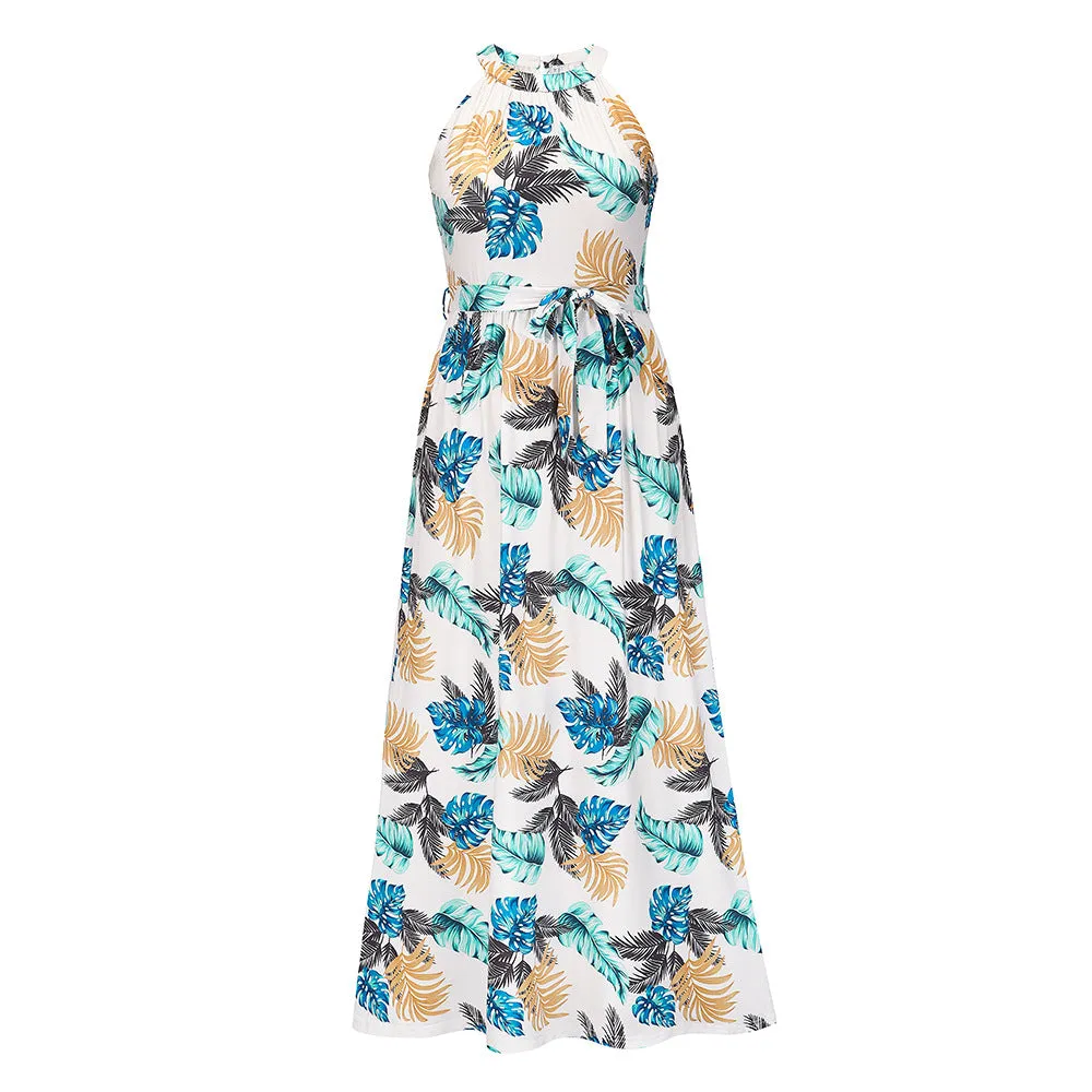 Hanging neck retro print dress seaside beach dress