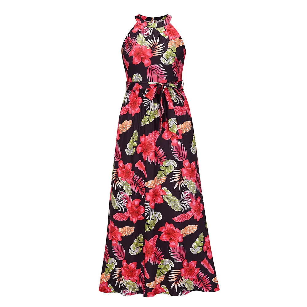Hanging neck retro print dress seaside beach dress
