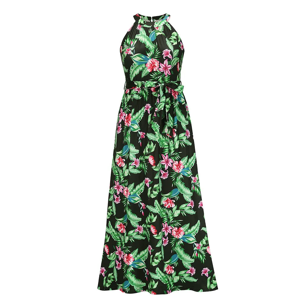 Hanging neck retro print dress seaside beach dress