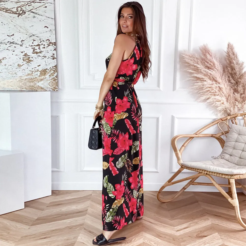 Hanging neck retro print dress seaside beach dress