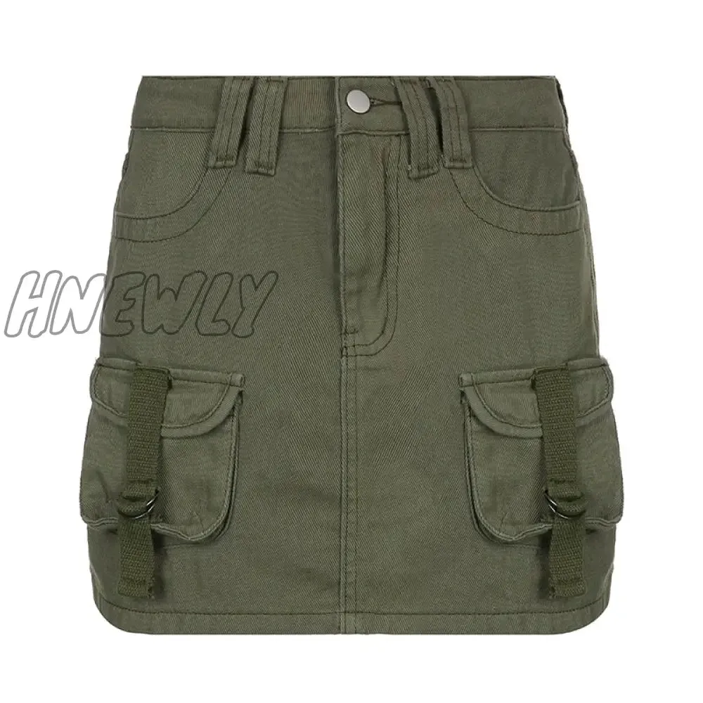 Hnewly Preppy Rapcopter Y2K Grey Green Jeans Skirts Pockets Bandage Low Waisted Denim Mini Skirts Retro Zip Cute Pencil Skirts Women Korean