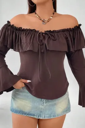 Hnewly - Sexy Solid Flounce Off the Shoulder Plus Size Tops