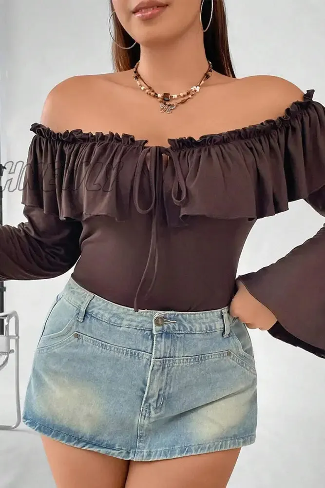 Hnewly - Sexy Solid Flounce Off the Shoulder Plus Size Tops