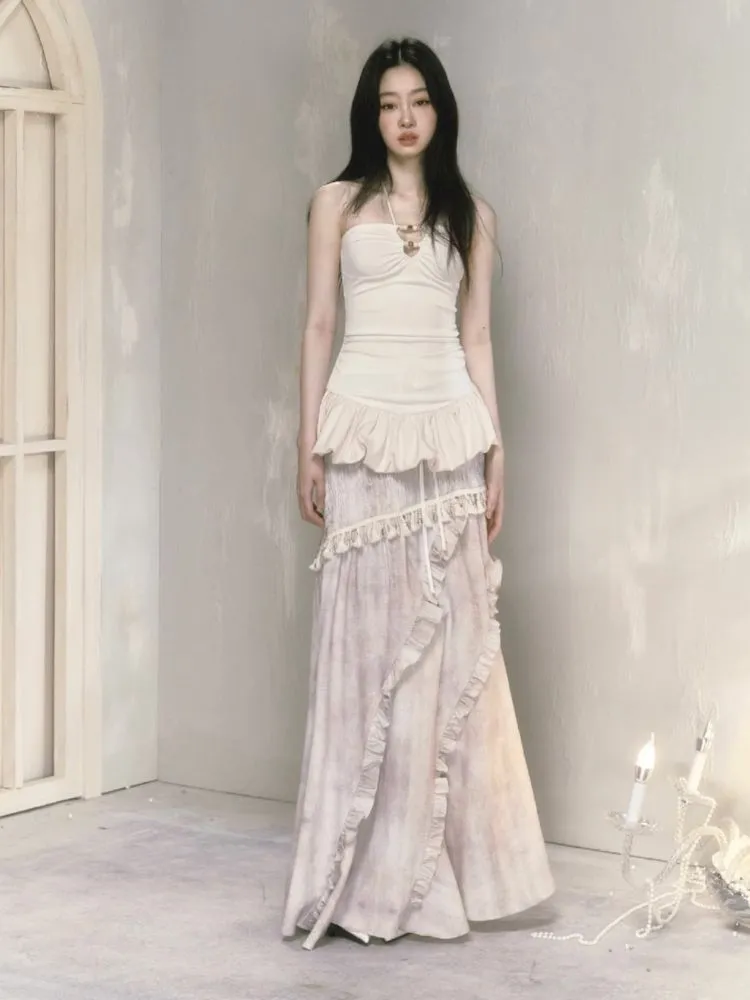 Irregular lace a-line long half-body skirt【s0000009593】