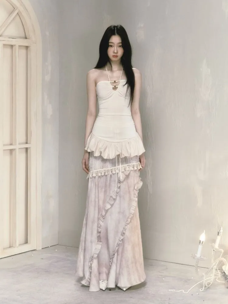 Irregular lace a-line long half-body skirt【s0000009593】