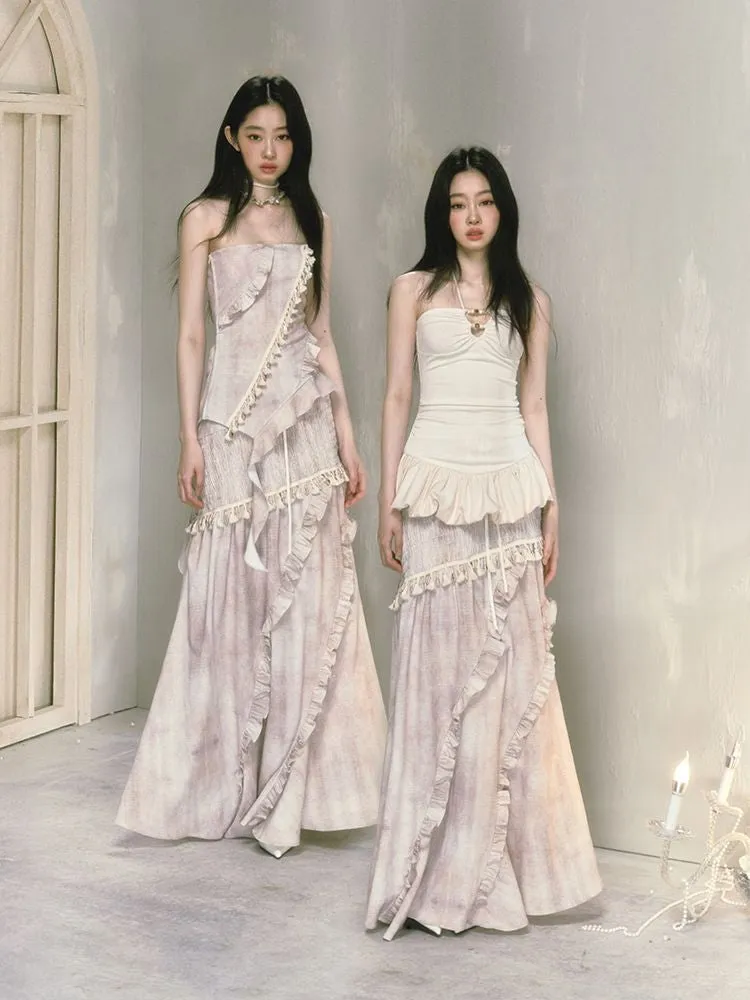 Irregular lace a-line long half-body skirt【s0000009593】
