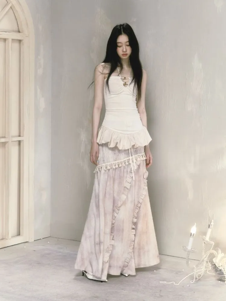 Irregular lace a-line long half-body skirt【s0000009593】