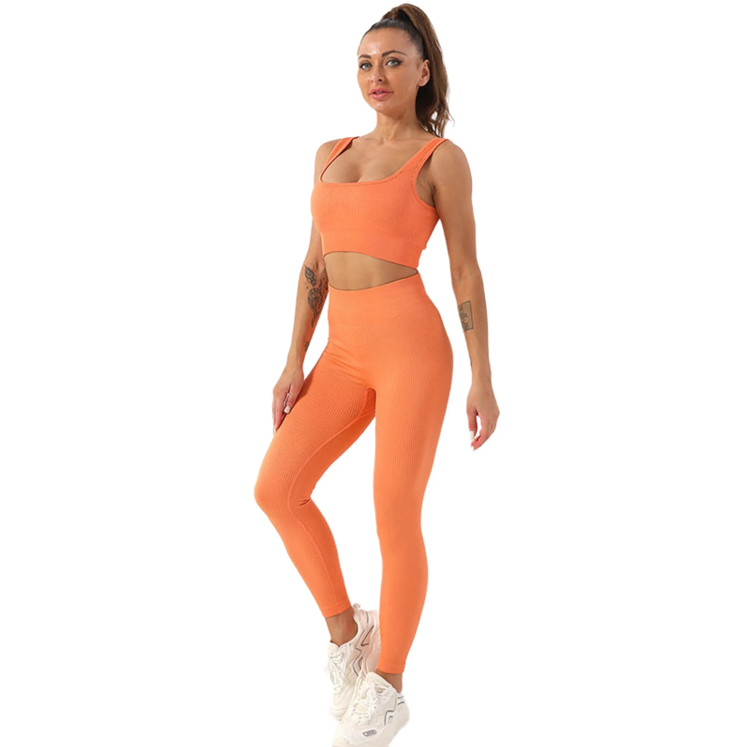 Leggings Set 2 PCS Thread Yoga Suit Squared Neck Sports Bra And Butt Lifting High Waisted Yoga Pants Size S, M, L