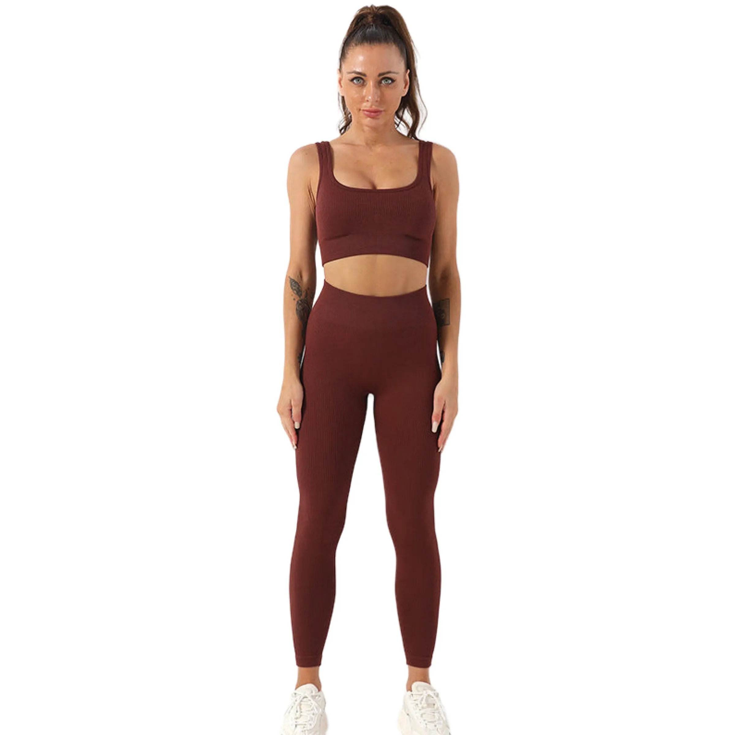 Leggings Set 2 PCS Thread Yoga Suit Squared Neck Sports Bra And Butt Lifting High Waisted Yoga Pants Size S, M, L