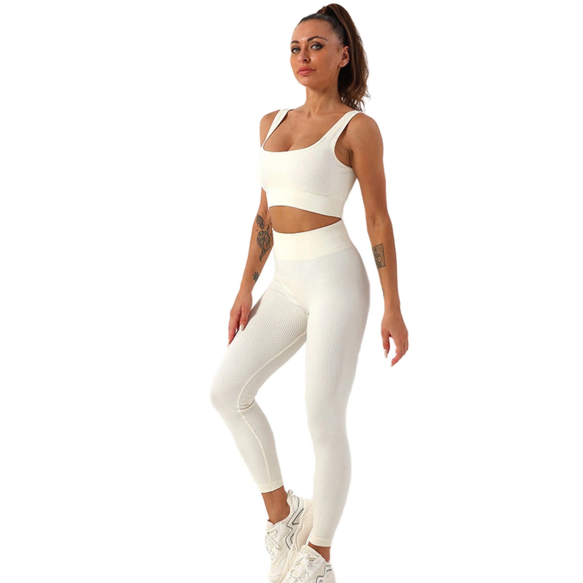 Leggings Set 2 PCS Thread Yoga Suit Squared Neck Sports Bra And Butt Lifting High Waisted Yoga Pants Size S, M, L