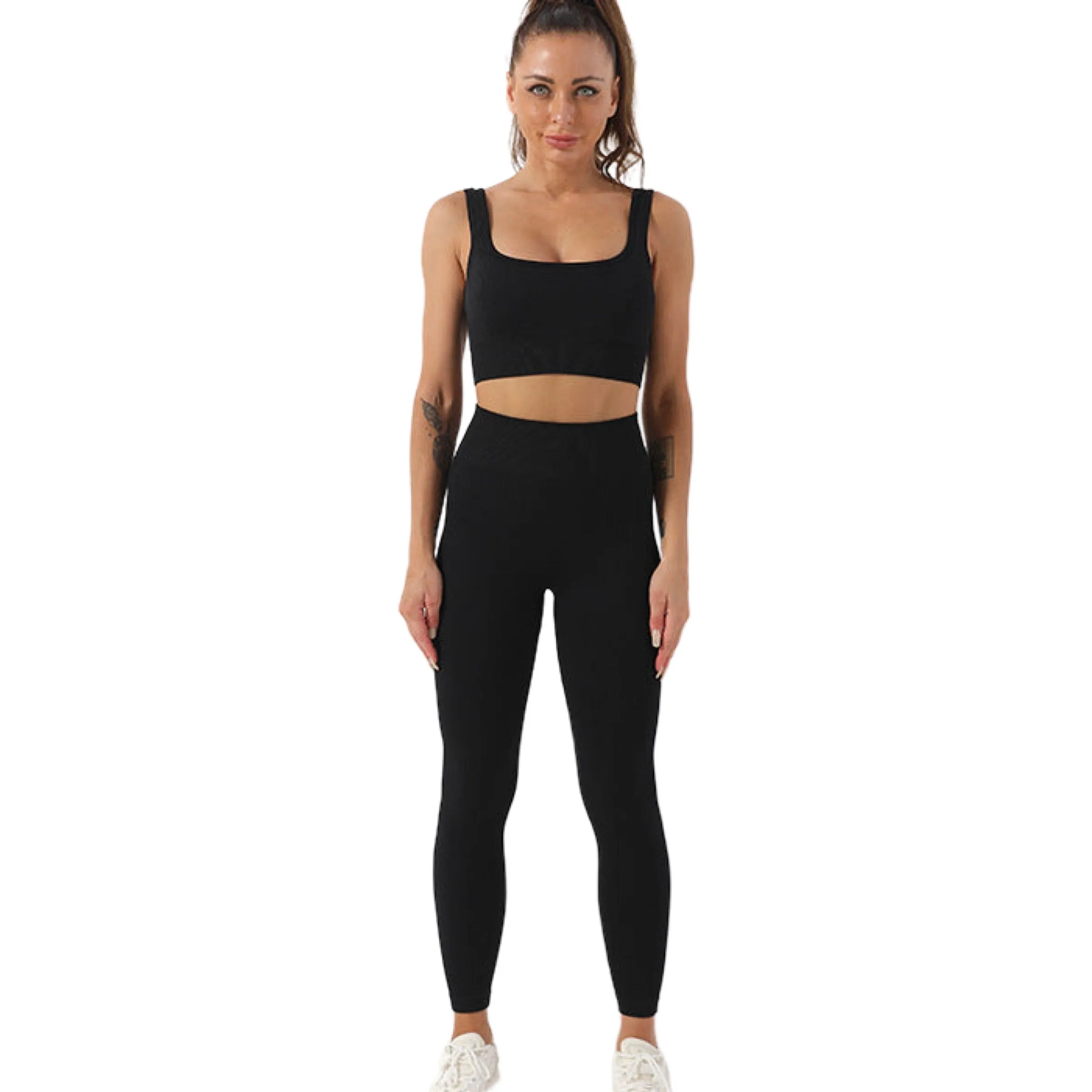Leggings Set 2 PCS Thread Yoga Suit Squared Neck Sports Bra And Butt Lifting High Waisted Yoga Pants Size S, M, L