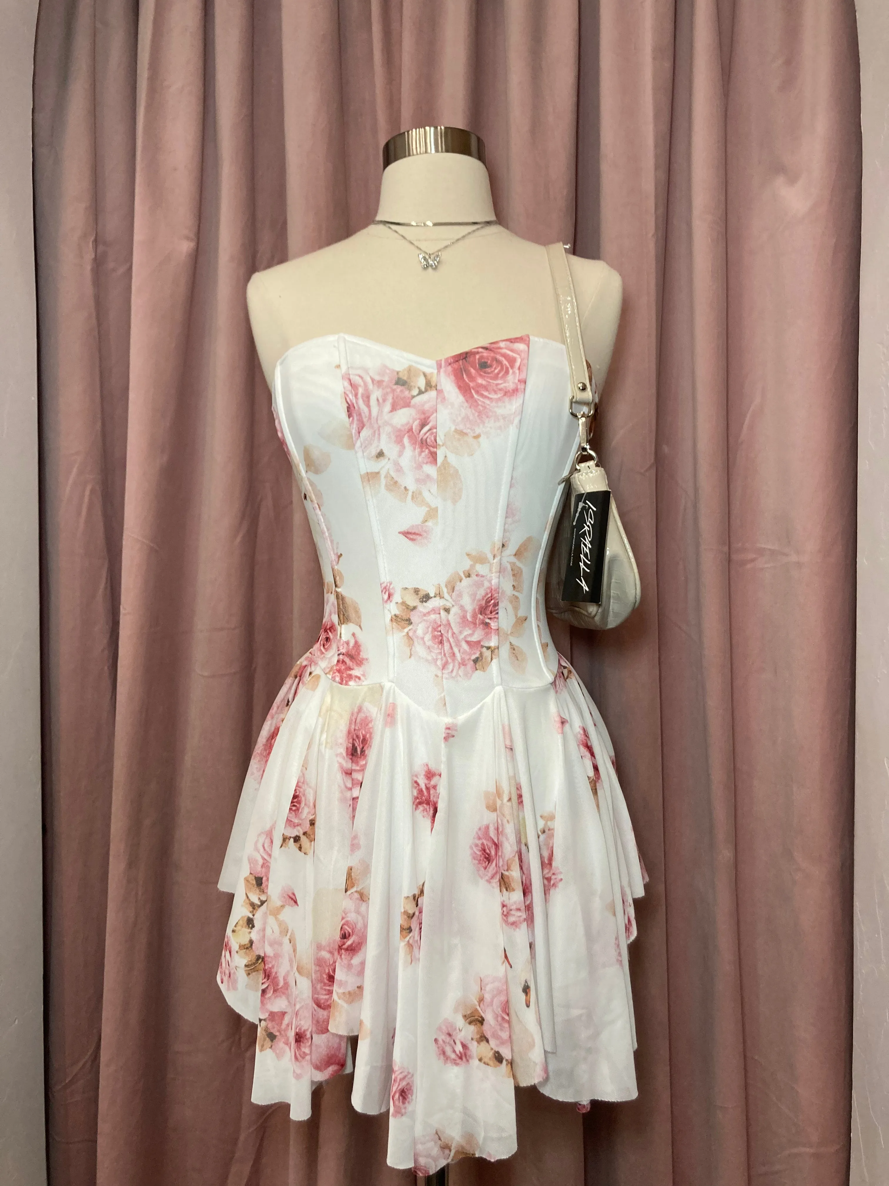 Melina Floral Pleated Mini Dress (White/Pink)