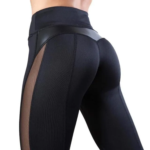 Mesh Leather Leggings Women Fitness Leggings