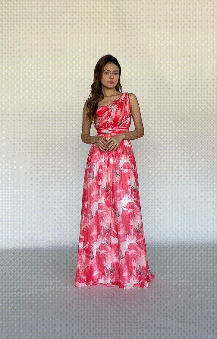 One Shoulder Floral Print Pleated Waist Dresses