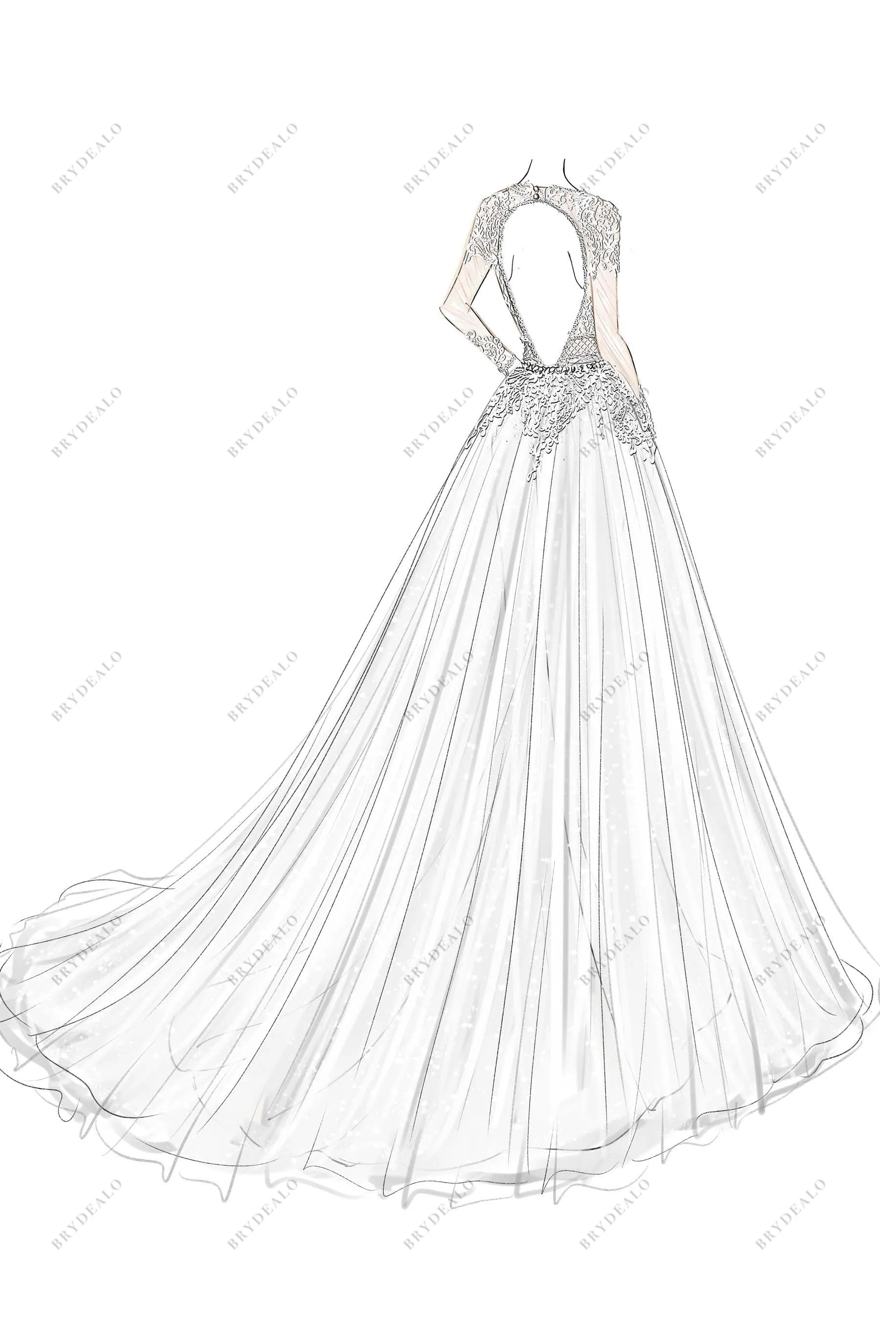 Plunging Neck Lace Custom Made Wedding Ball Gown Sketch