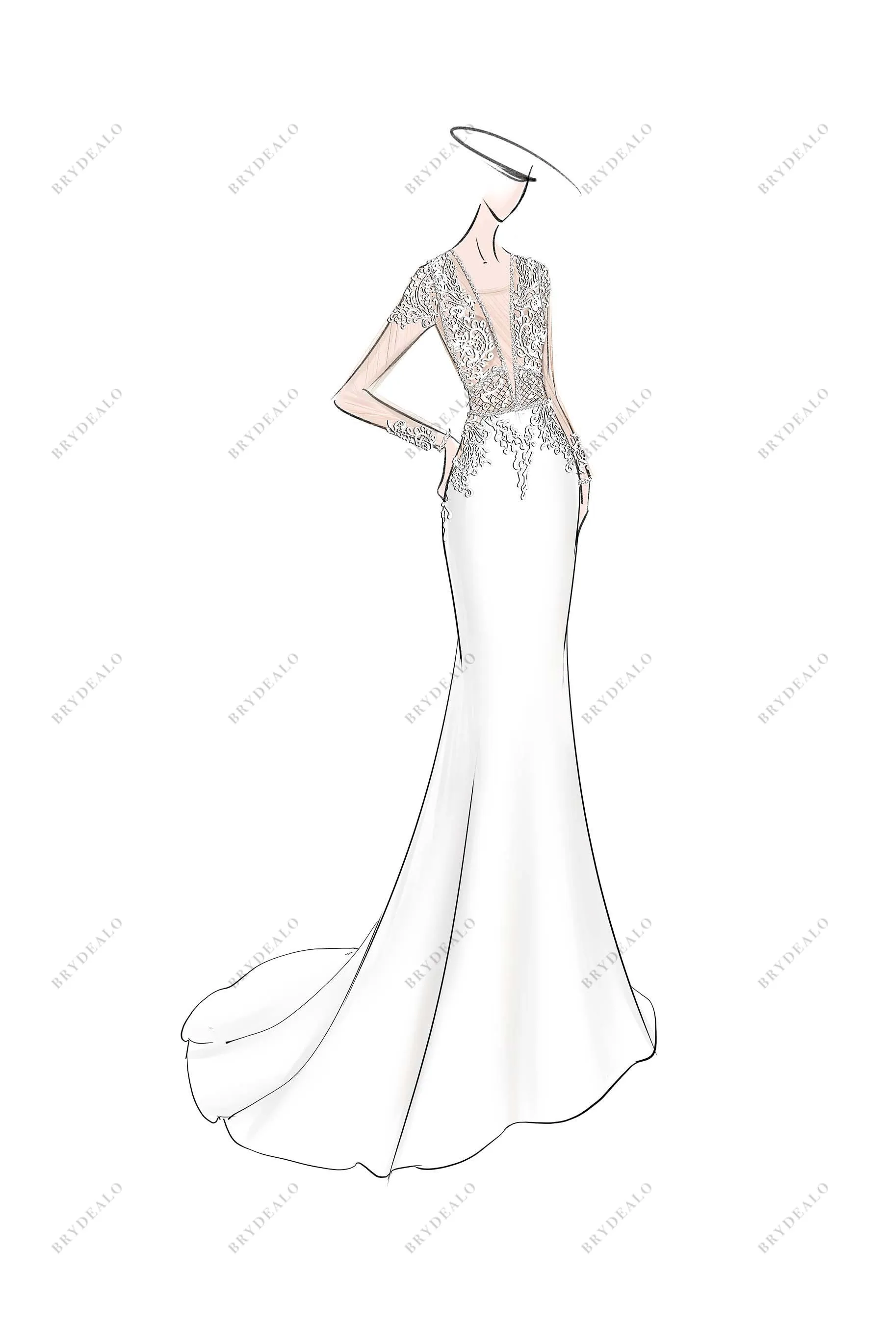Plunging Neck Lace Custom Made Wedding Ball Gown Sketch