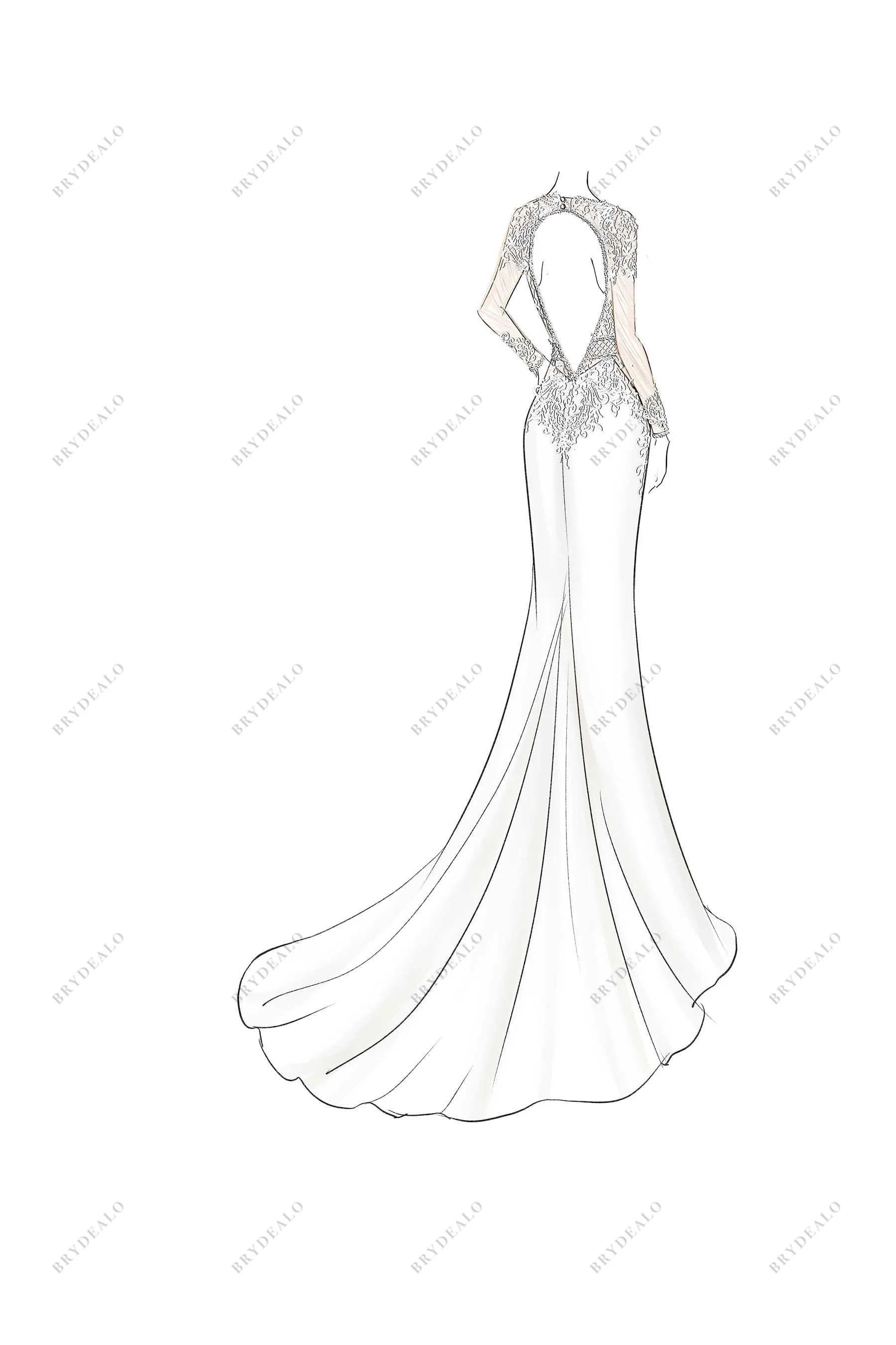 Plunging Neck Lace Custom Made Wedding Ball Gown Sketch