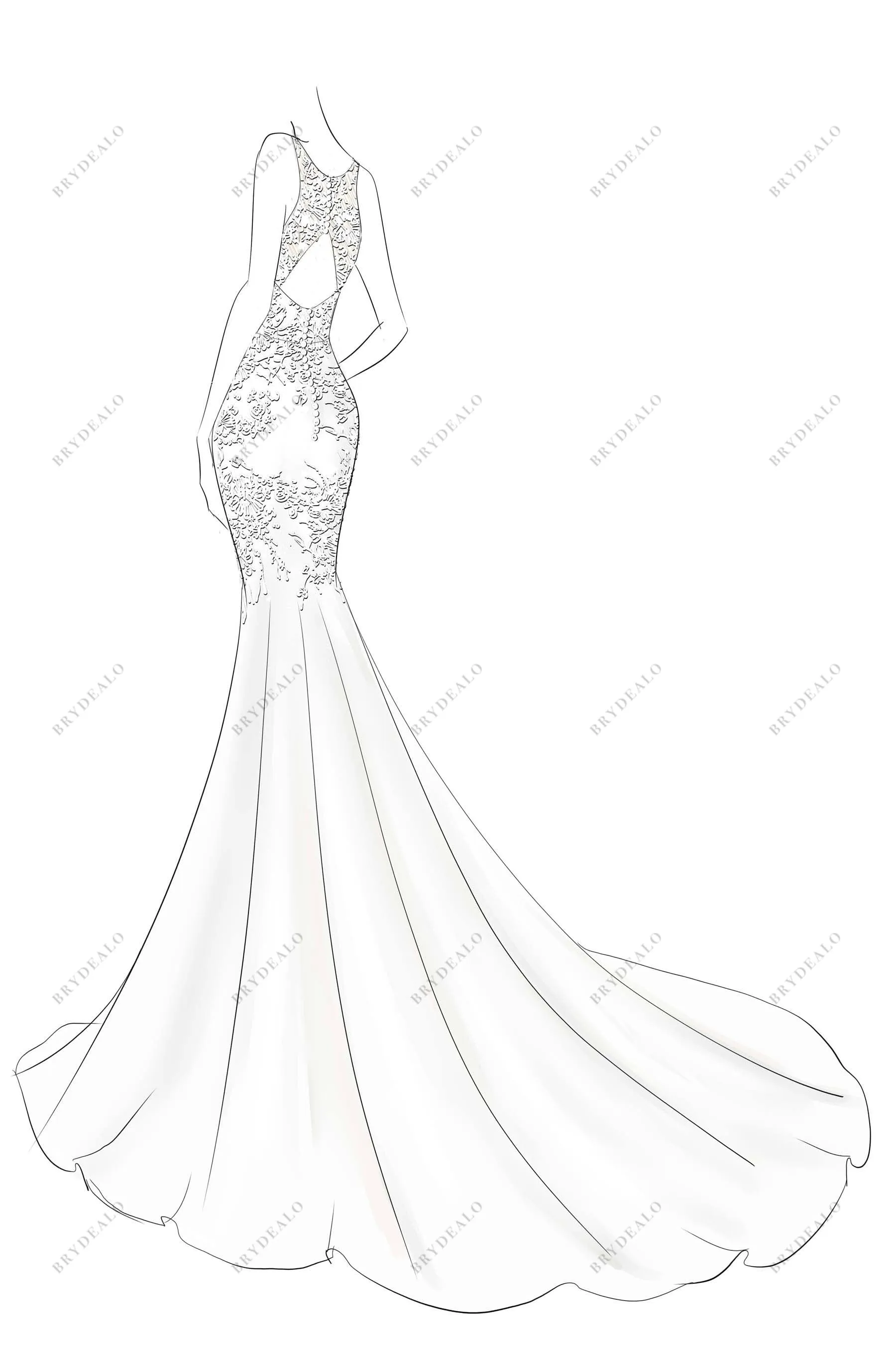 Plunging V-neck Custom-made Lace Satin Mermaid Dress Sketch