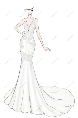 Plunging V-neck Custom-made Lace Satin Mermaid Dress Sketch