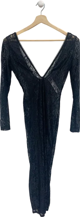 Pretty Little Thing Black Lace Long Sleeve Bodysuit Maxi Dress UK 8