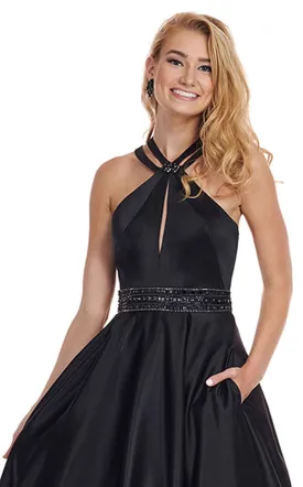 Rachel Allan 6674 Black Satin A-Line Dress with Pockets - Size 2