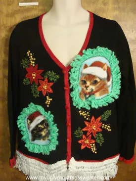 Red Poinsettias and Green Leaves Christmas Cat Ugly Sweater