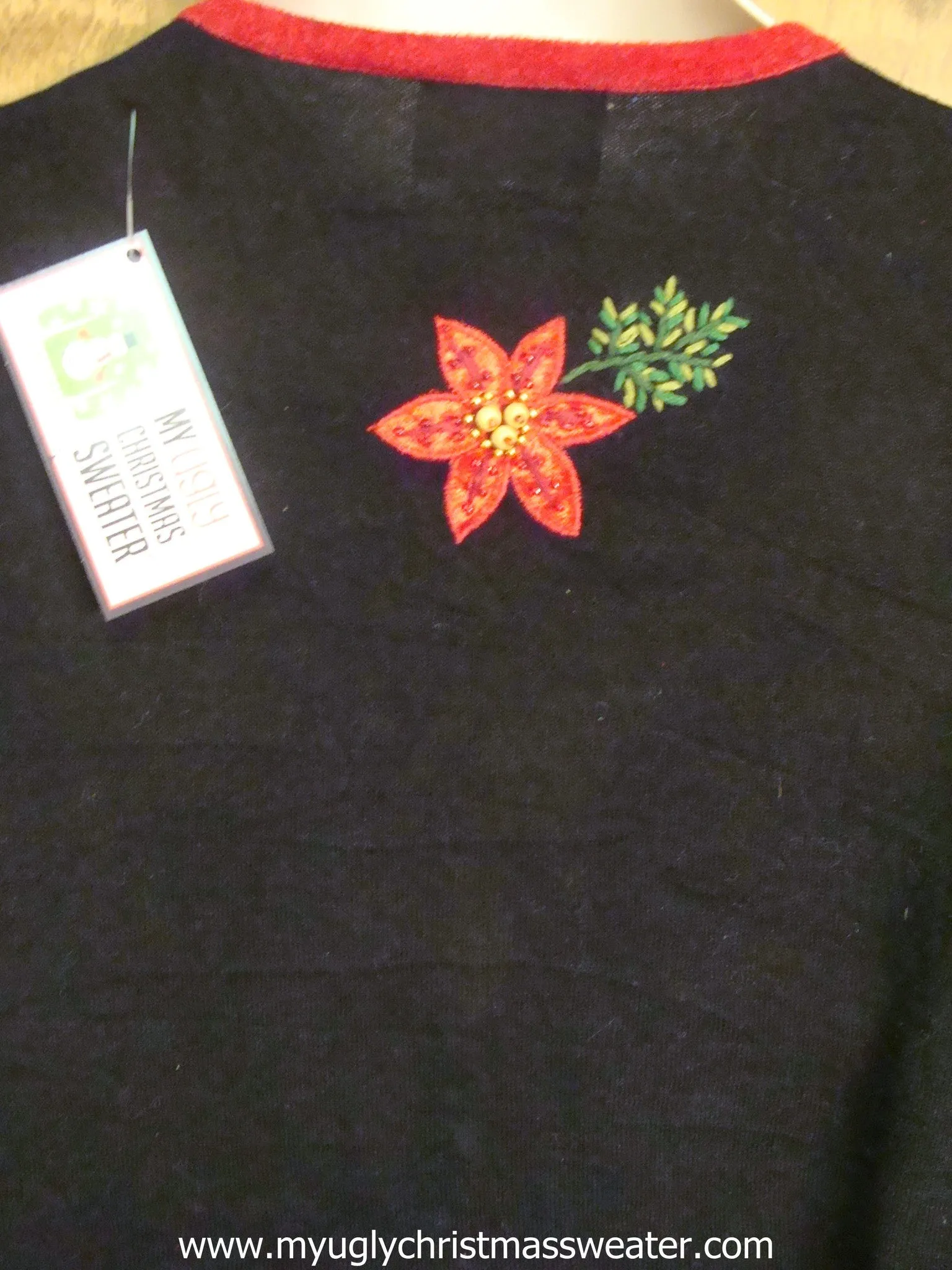 Red Poinsettias and Green Leaves Christmas Cat Ugly Sweater