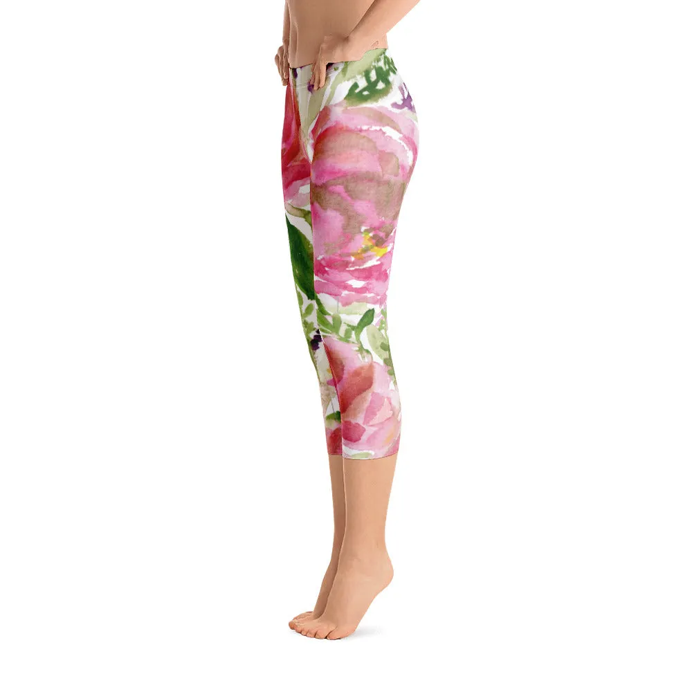 Rosewood Pink Rose Capris Tights, Designer Floral Capri Leggings Casual Comfy Outfits - Made in USA