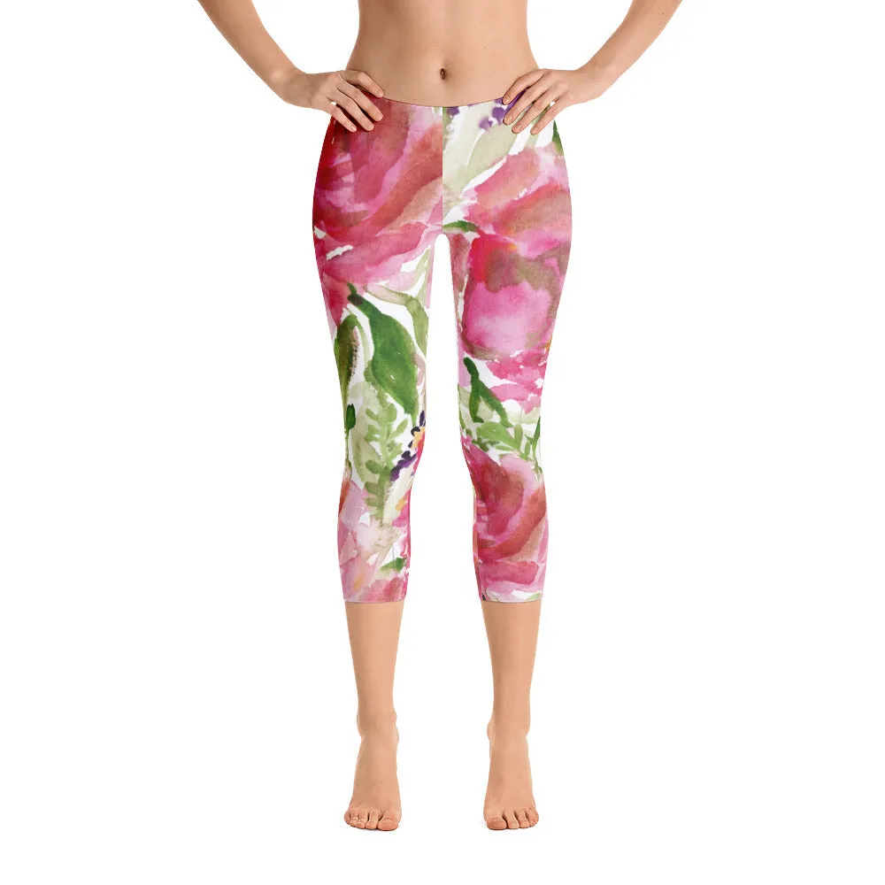 Rosewood Pink Rose Capris Tights, Designer Floral Capri Leggings Casual Comfy Outfits - Made in USA