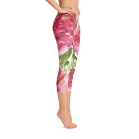 Rosewood Pink Rose Capris Tights, Designer Floral Capri Leggings Casual Comfy Outfits - Made in USA
