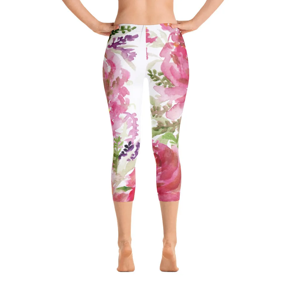Rosewood Pink Rose Capris Tights, Designer Floral Capri Leggings Casual Comfy Outfits - Made in USA