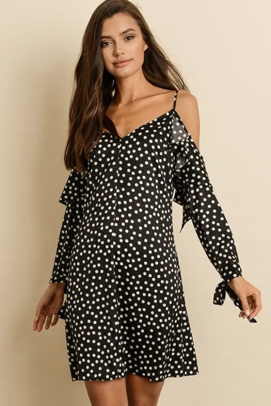 Satin Silky Polka Dot Cold Shoulder Flutter Dress - Black