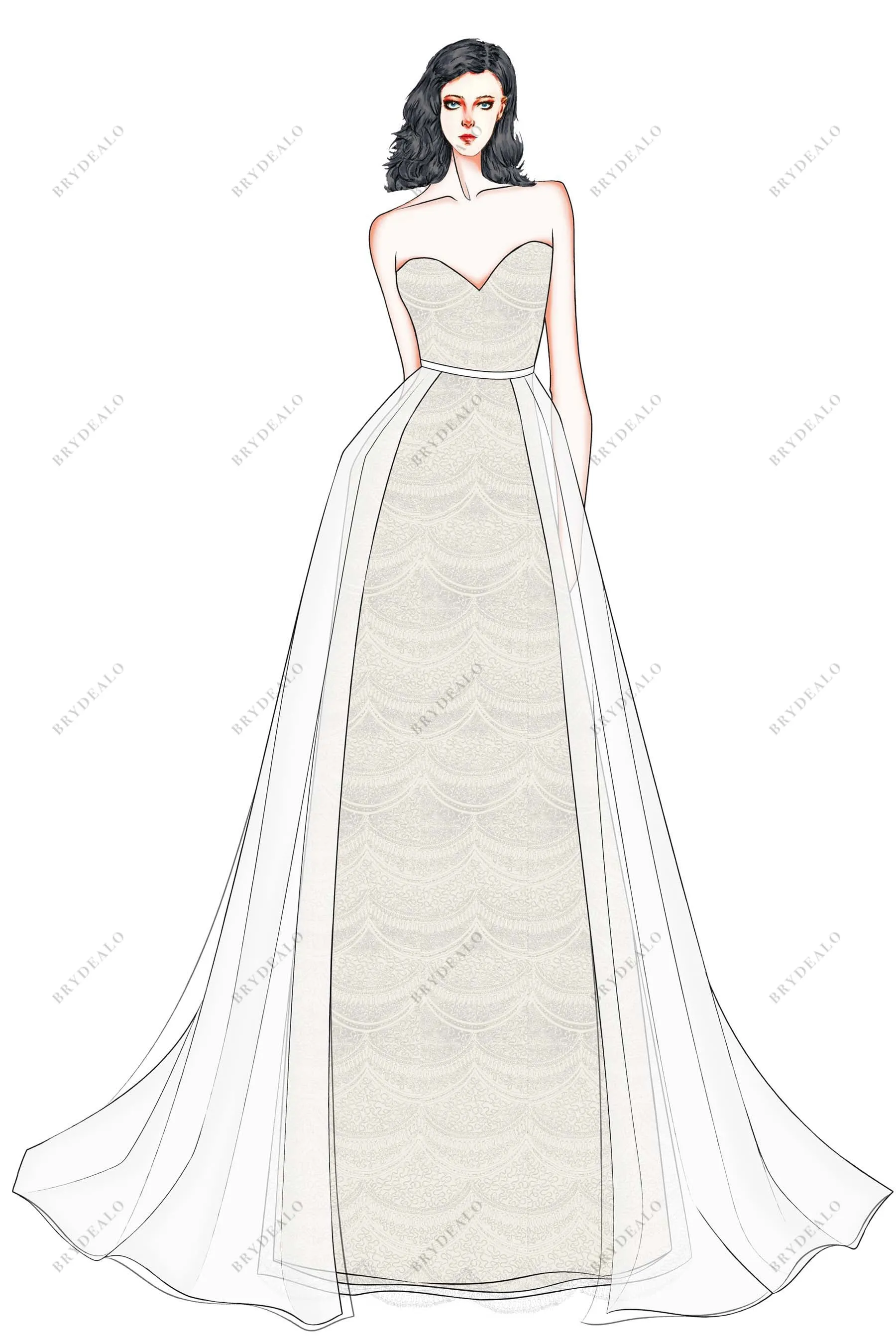 Scalloped Lace Sweetheart Neck Custom Overskirt Dress Sketch