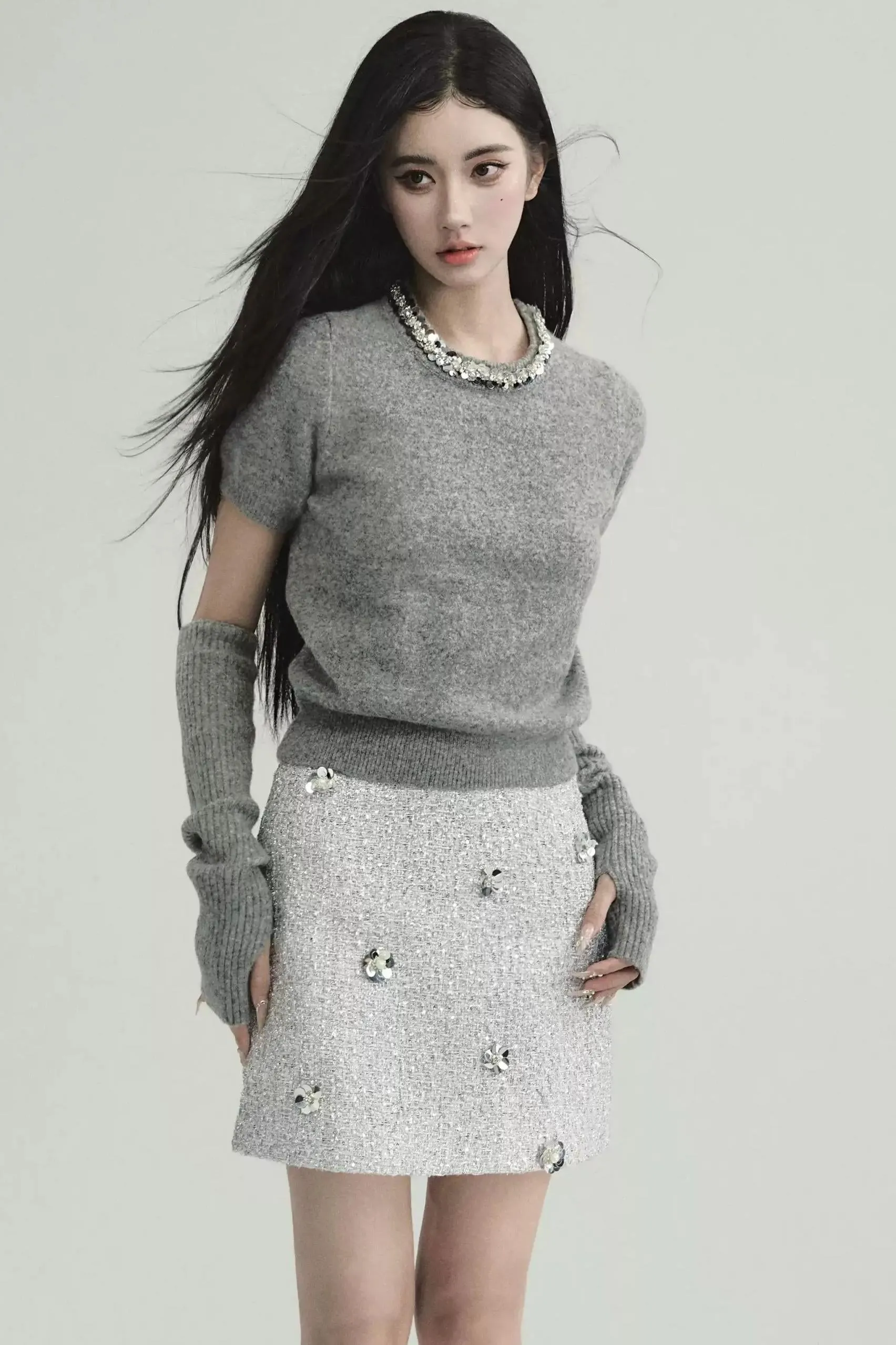 Starlit Nights Embellished Mini Skirt - Silver Sparkle with Crystal Flowers
