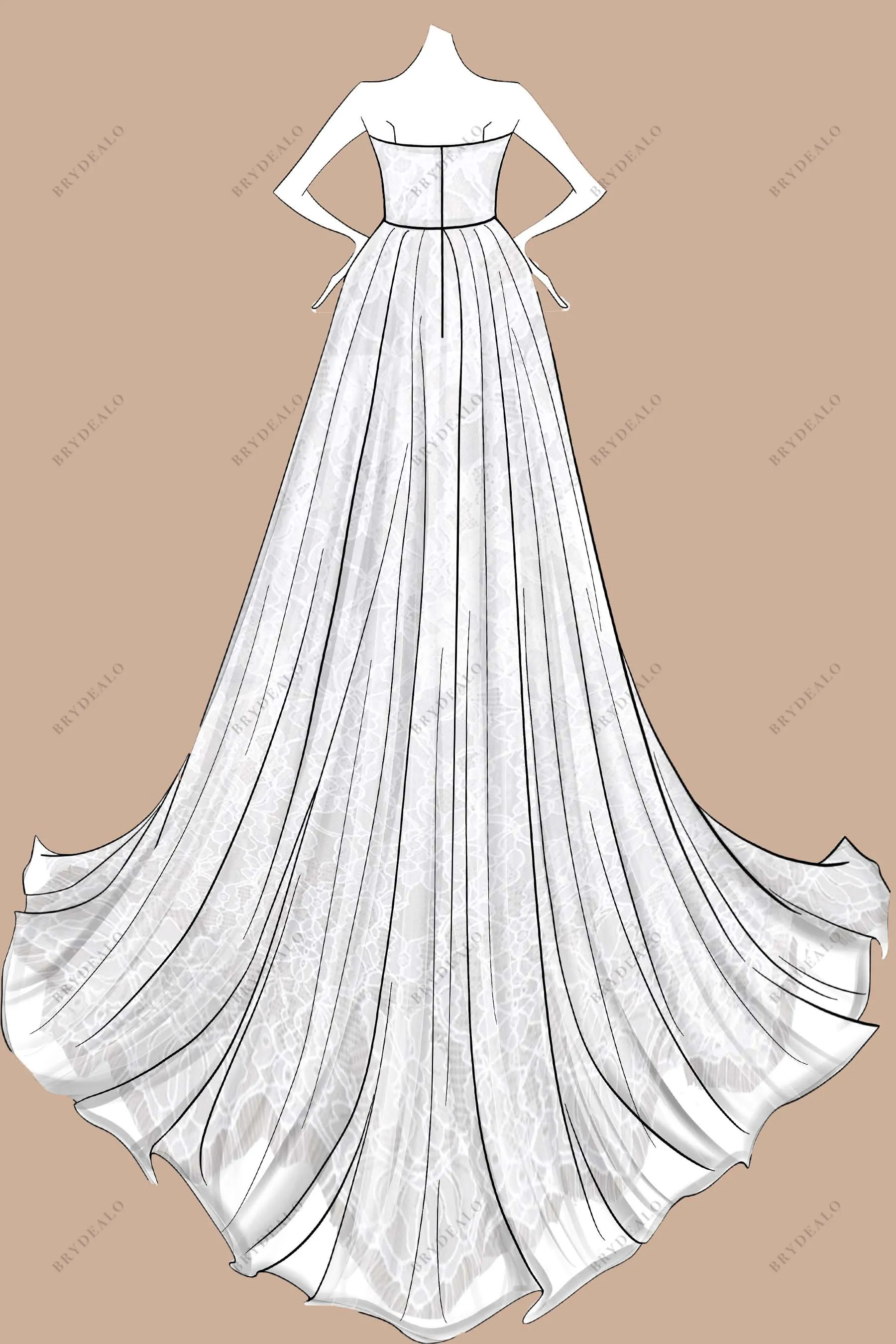 Strapless Designer Lace A-line Ruffled Bridal Gown Sketch