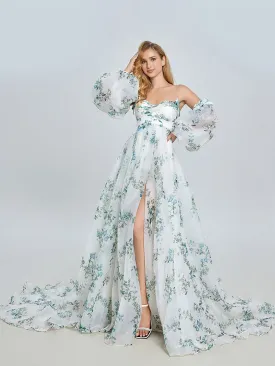 Stylish Long Sleeve Matrenity Gown for Wedding Boho Flower Print Colored Wedding Dress YW240075