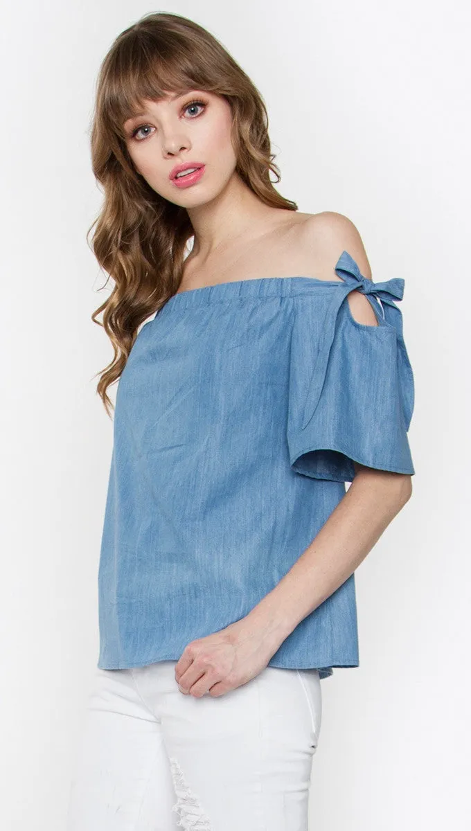 Sugar Lips Tranquil Off Shoulder Tie Sleeve Top in Denim Blue