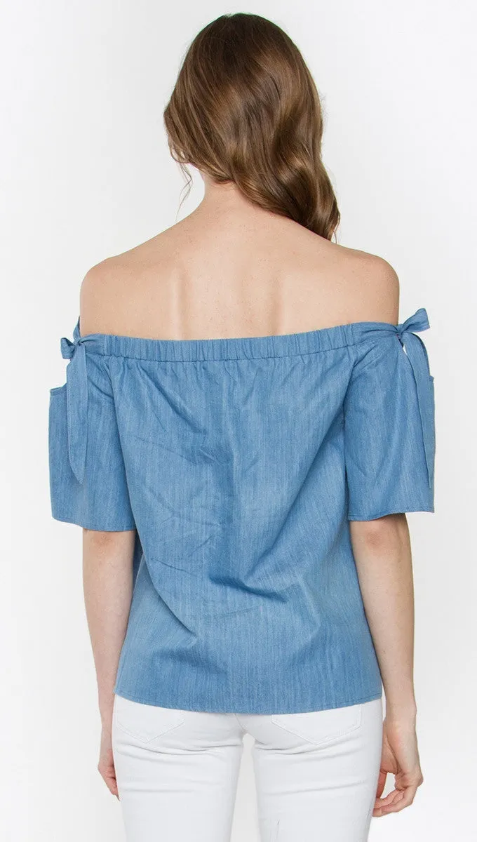 Sugar Lips Tranquil Off Shoulder Tie Sleeve Top in Denim Blue