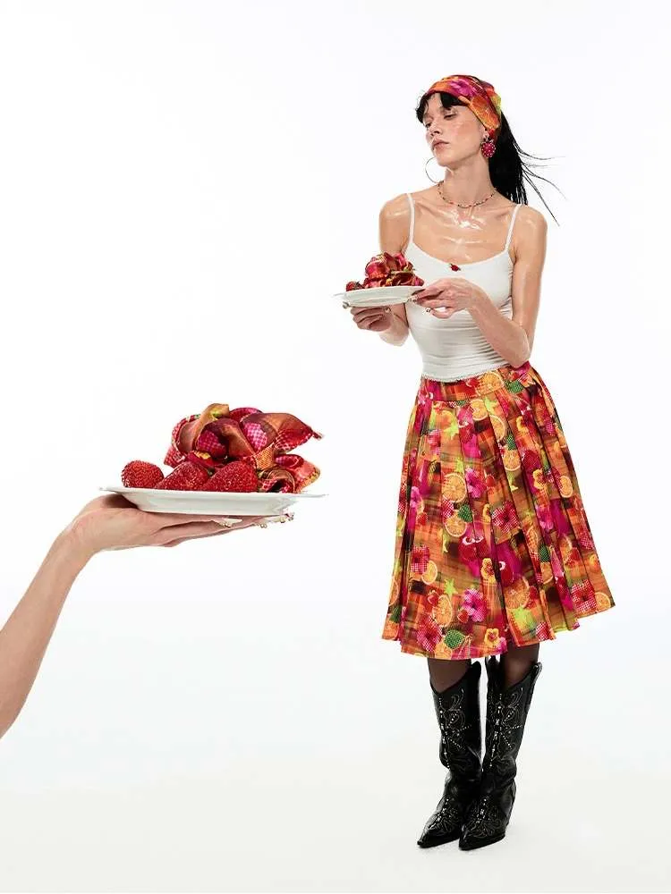 Summer Fruit Dopamine Print Low Waist A-Line Skirt【s0000009152】
