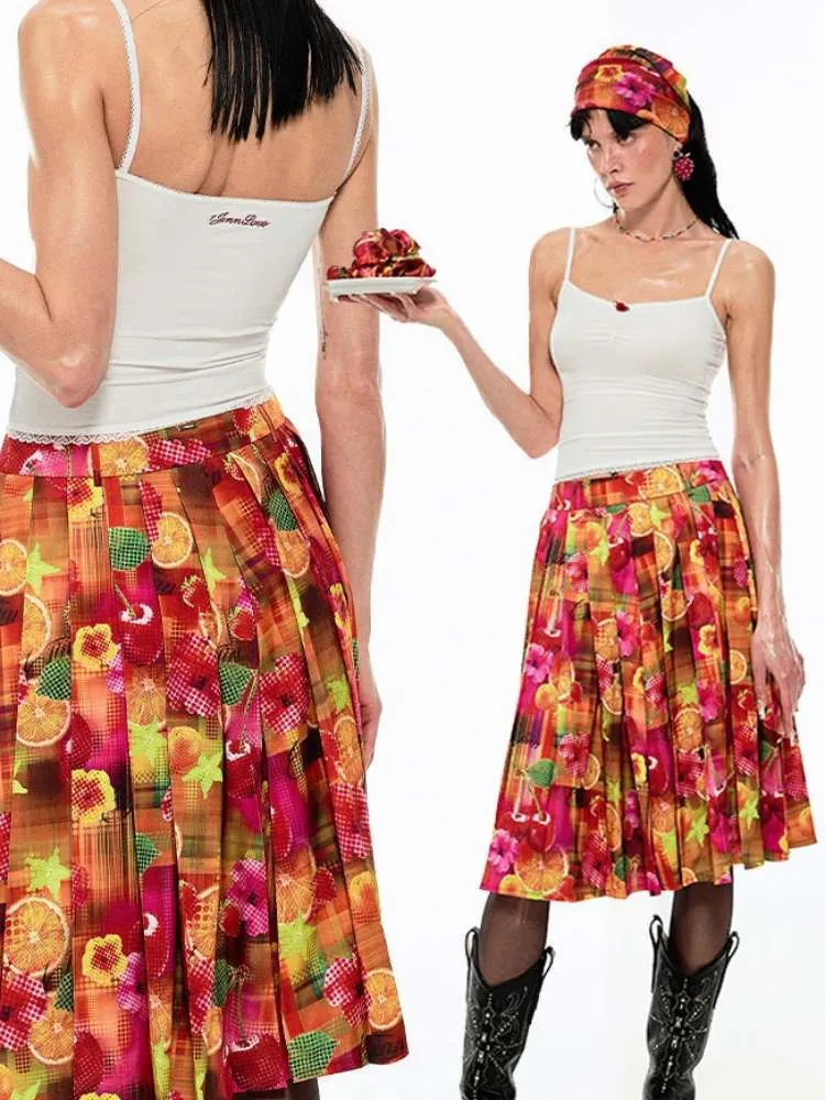 Summer Fruit Dopamine Print Low Waist A-Line Skirt【s0000009152】