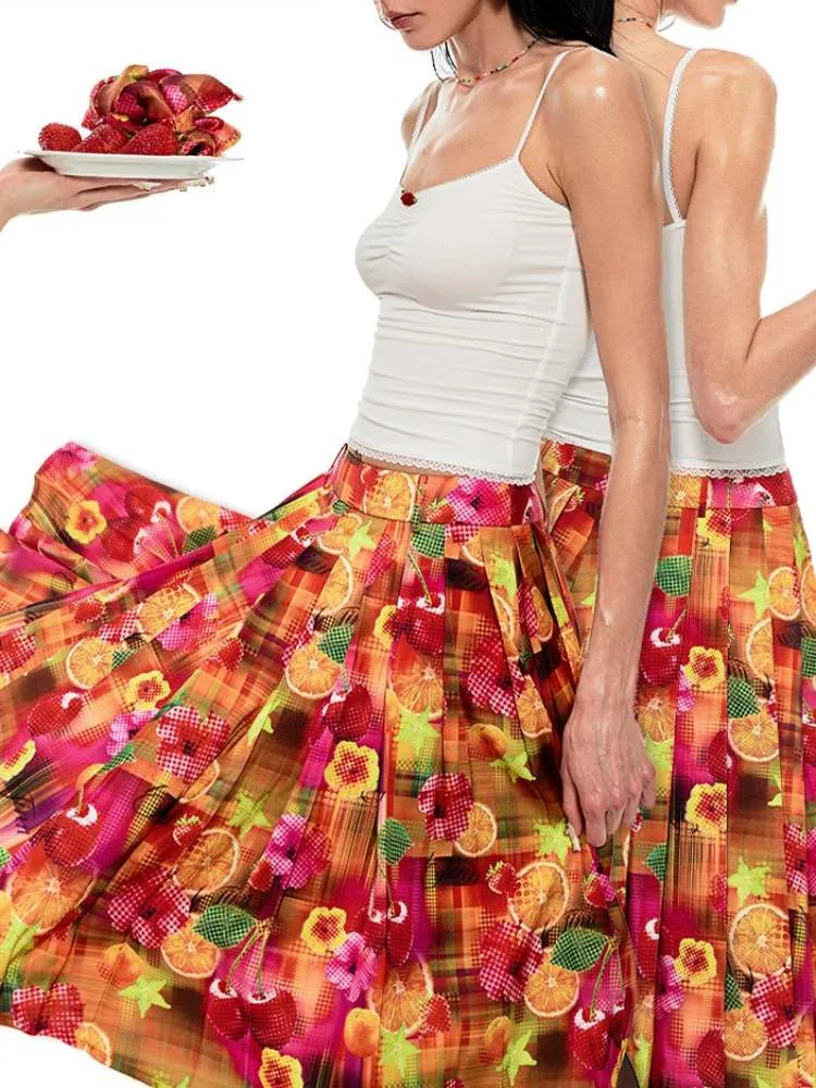 Summer Fruit Dopamine Print Low Waist A-Line Skirt【s0000009152】