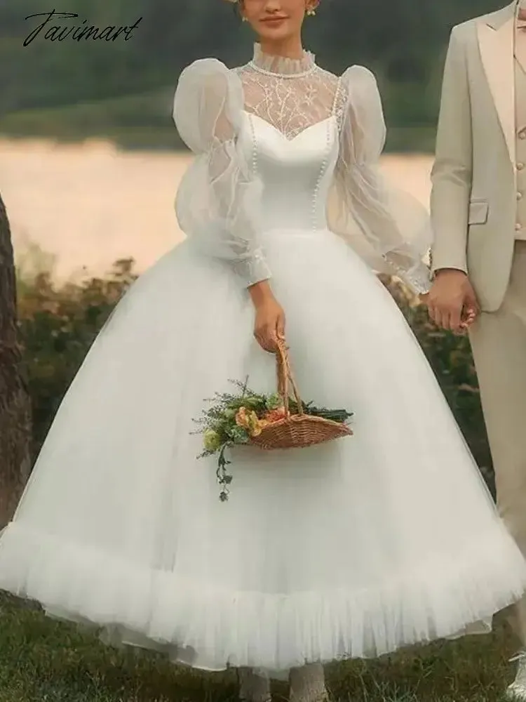 TAVIMART Bubble Sleeve France Vintage Dress Women White Wedding Evening Party Dresses Female Tulle Retro Elegant Fairy Dress Summer