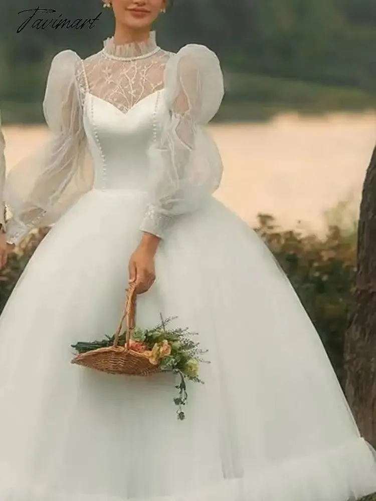 TAVIMART Bubble Sleeve France Vintage Dress Women White Wedding Evening Party Dresses Female Tulle Retro Elegant Fairy Dress Summer