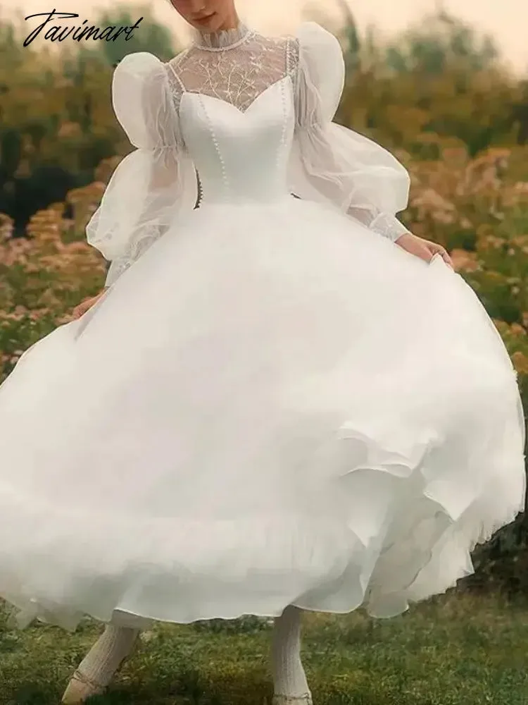 TAVIMART Bubble Sleeve France Vintage Dress Women White Wedding Evening Party Dresses Female Tulle Retro Elegant Fairy Dress Summer