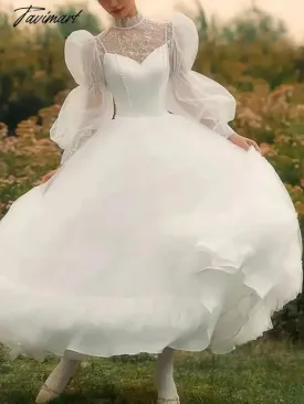 TAVIMART Bubble Sleeve France Vintage Dress Women White Wedding Evening Party Dresses Female Tulle Retro Elegant Fairy Dress Summer