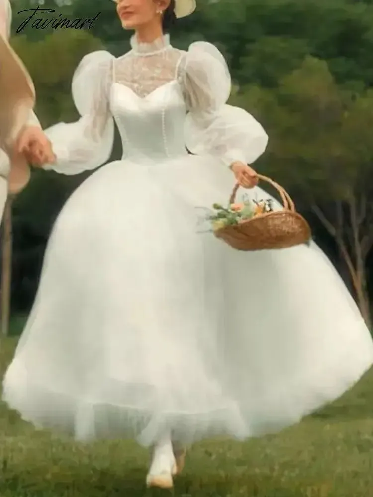 TAVIMART Bubble Sleeve France Vintage Dress Women White Wedding Evening Party Dresses Female Tulle Retro Elegant Fairy Dress Summer