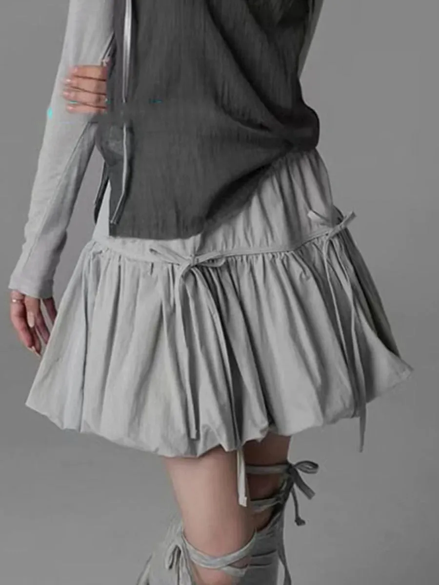 TAVIMART  -  Solid Bow Mini Skirts Women 2024 New Summer Elastic Waist Chic Simple A-line Faldas Bottom Korean Fashion Vintage Casual Skirt