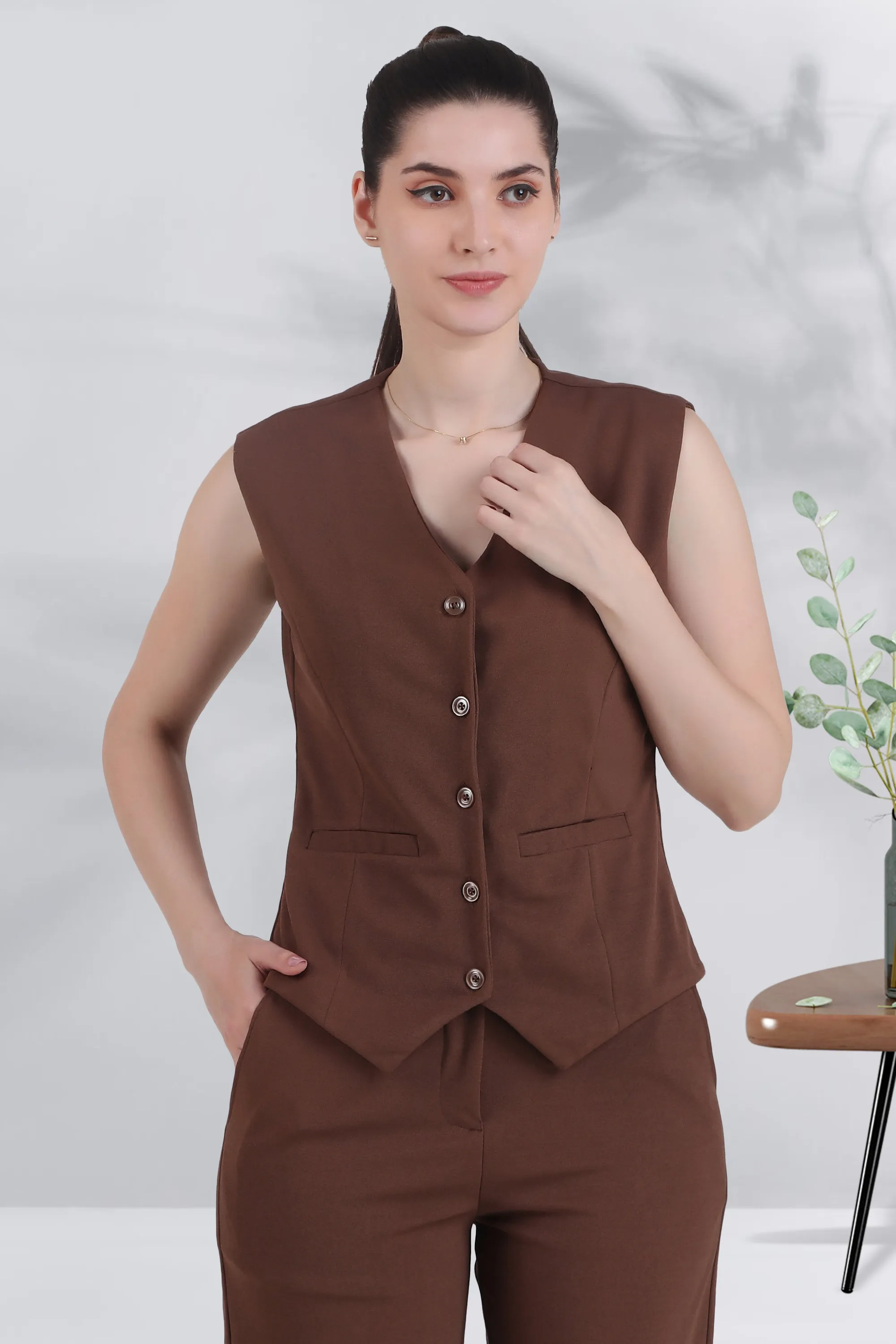 V Neck Tailored Waistcoat, Brown