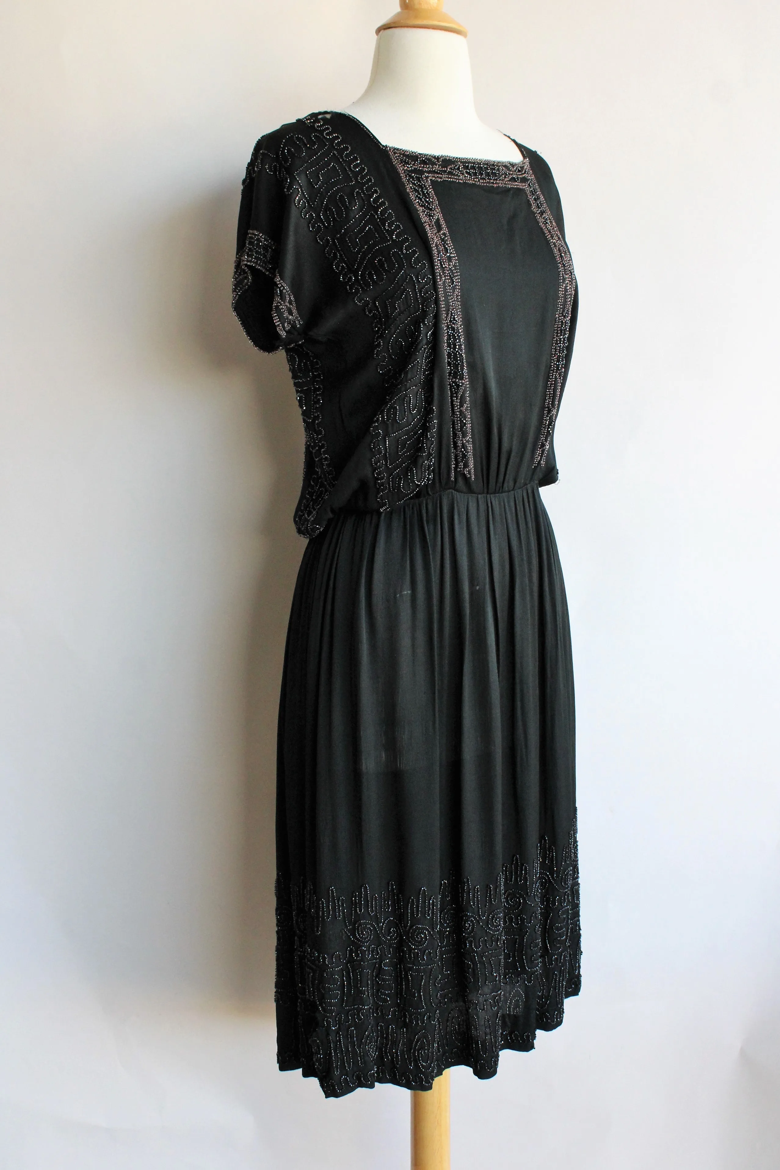 Vintage 1920s Black Silk Dress with Jet Beading